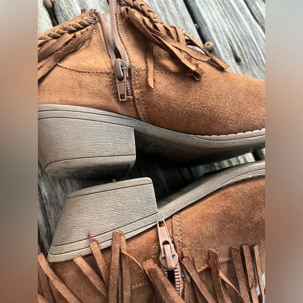 Girls’ Brown Suede Fringe Ankle Boots Tan Cowgirl Size5